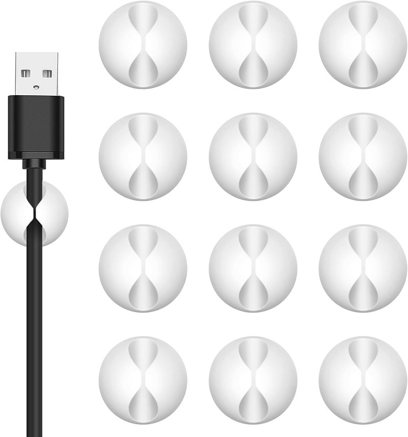 Flezoo Cord Holder Cable Clips, 12PCS White Adhesive Cord Organizer Charger Holder Wire Management Keeper for Nightstand, Desk, Office or Mouse - Image 1